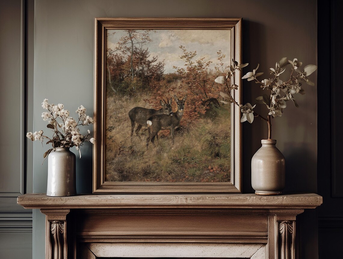 Vintage Roe Deer Pair Autumn Woodland Wildlife Oil Painting Art Print - Image 4