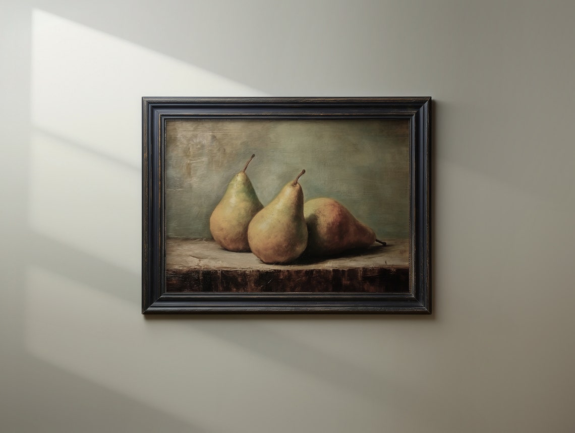 Three Pears Still Life Vintage Kitchen Rustic Fruit Oil Painting Print - Image 2