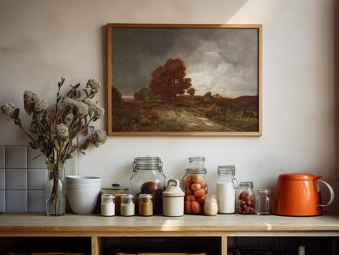 Rust Red Tree Under Stormy Sky Vintage Autumn Landscape Painting - Image 4