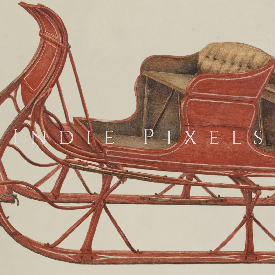 Vintage Antique Horse Drawn Sleighs Red Grey Winter Illustration Print - Image 4