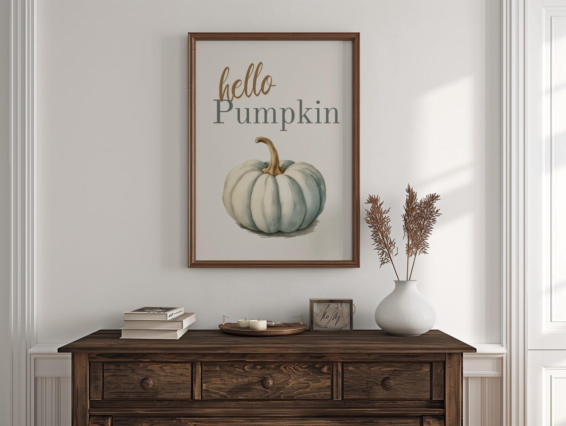 Hello Pumpkin Blue White Pumpkin Watercolor Fall Typography Sign Print - Image 4