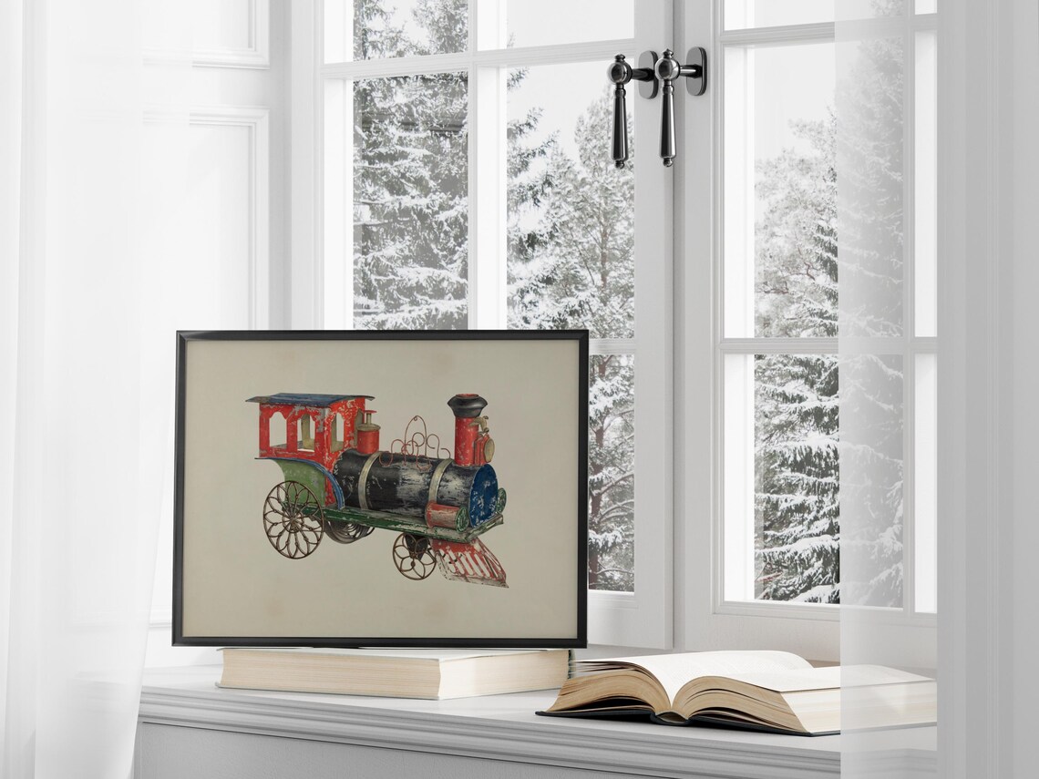 Vintage Tin Toy Train Engine Red Green Antique Locomotive Art Print - Image 3