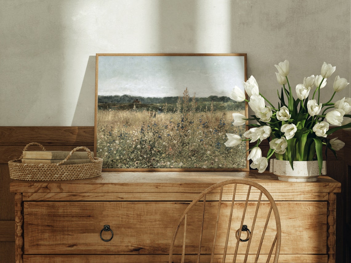 Wildflower Meadow Landscape Antique Countryside Painting Wall Art - Image 4