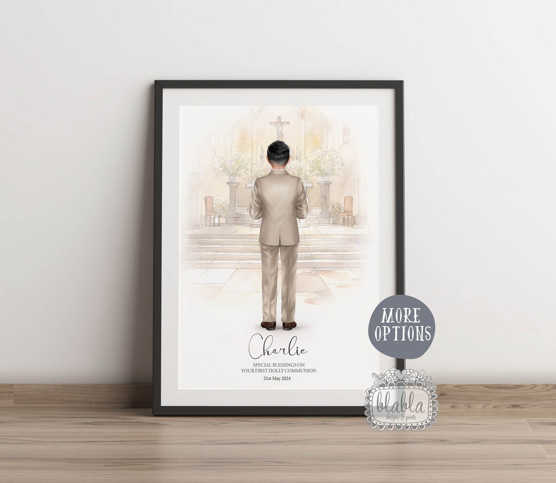 First Holy Communion Boy in Blue Suit Church Blessing Poster - Image 2