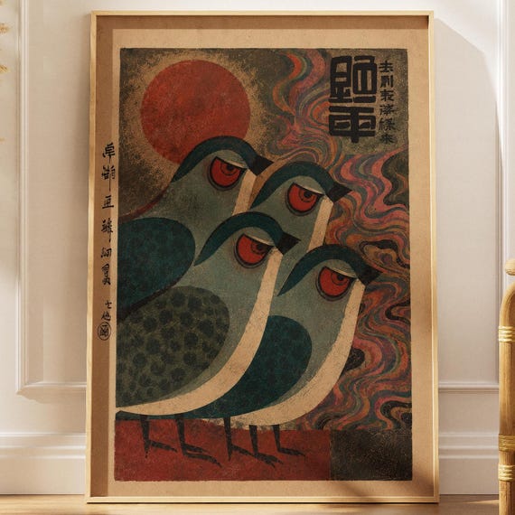 Japanese Bird Art Print Retro Blue Poster Minimalist Animal Illustration Vintage Wall Decor