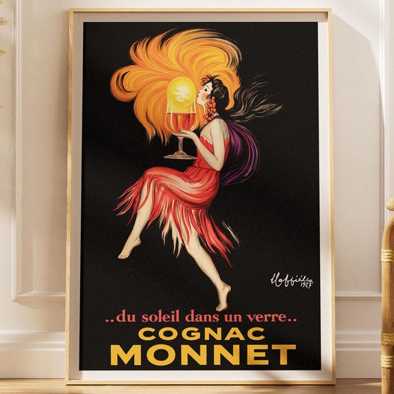 French Vintage Cognac Poster Art Deco Woman Wine Glass Print Alcohol Advertising Wall