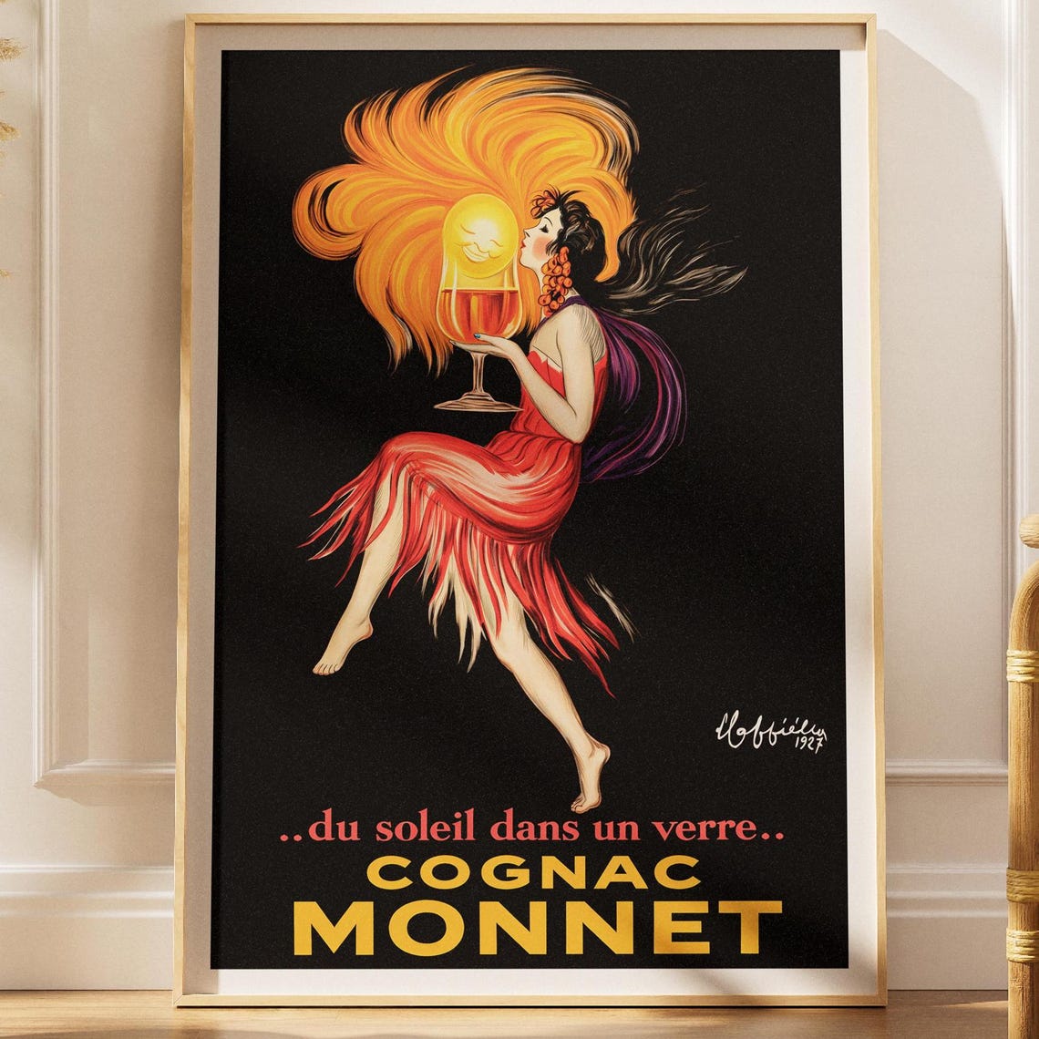 French Vintage Cognac Poster Art Deco Woman Wine Glass Print Alcohol Advertising Wall