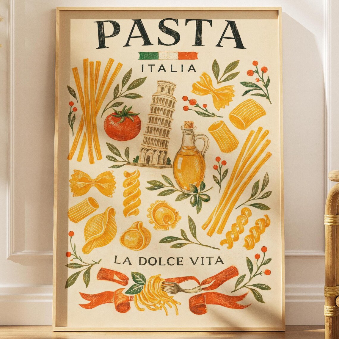 Italian Food Pasta Wall Art Print Kitchen Decor Mediterranean Gift Tomato Olive