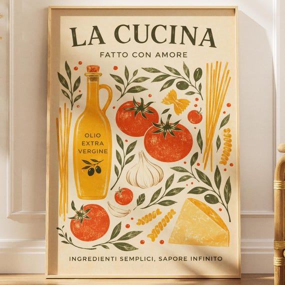 Italian Food Pasta Kitchen Wall Art Print La Cucina Mediterranean Decor Tomato Olive