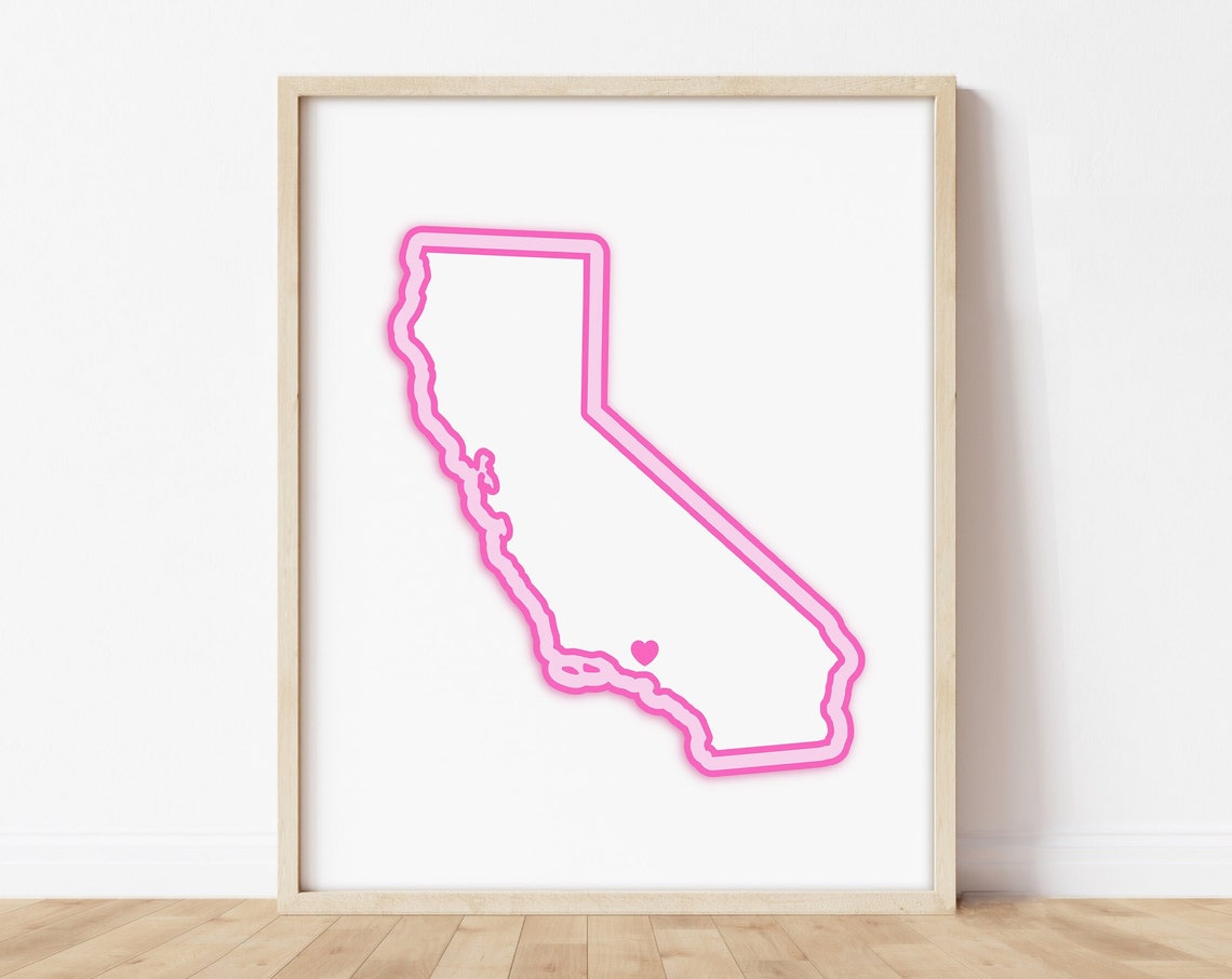 Pink Neon California State Map With Heart Minimalist Decor Poster