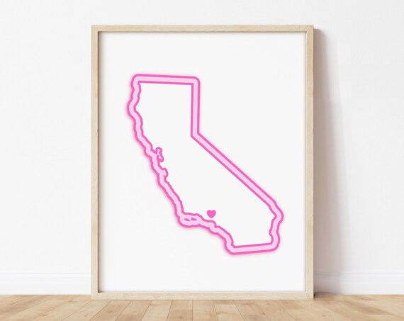 Pink Neon California State Map With Heart Minimalist Decor Poster