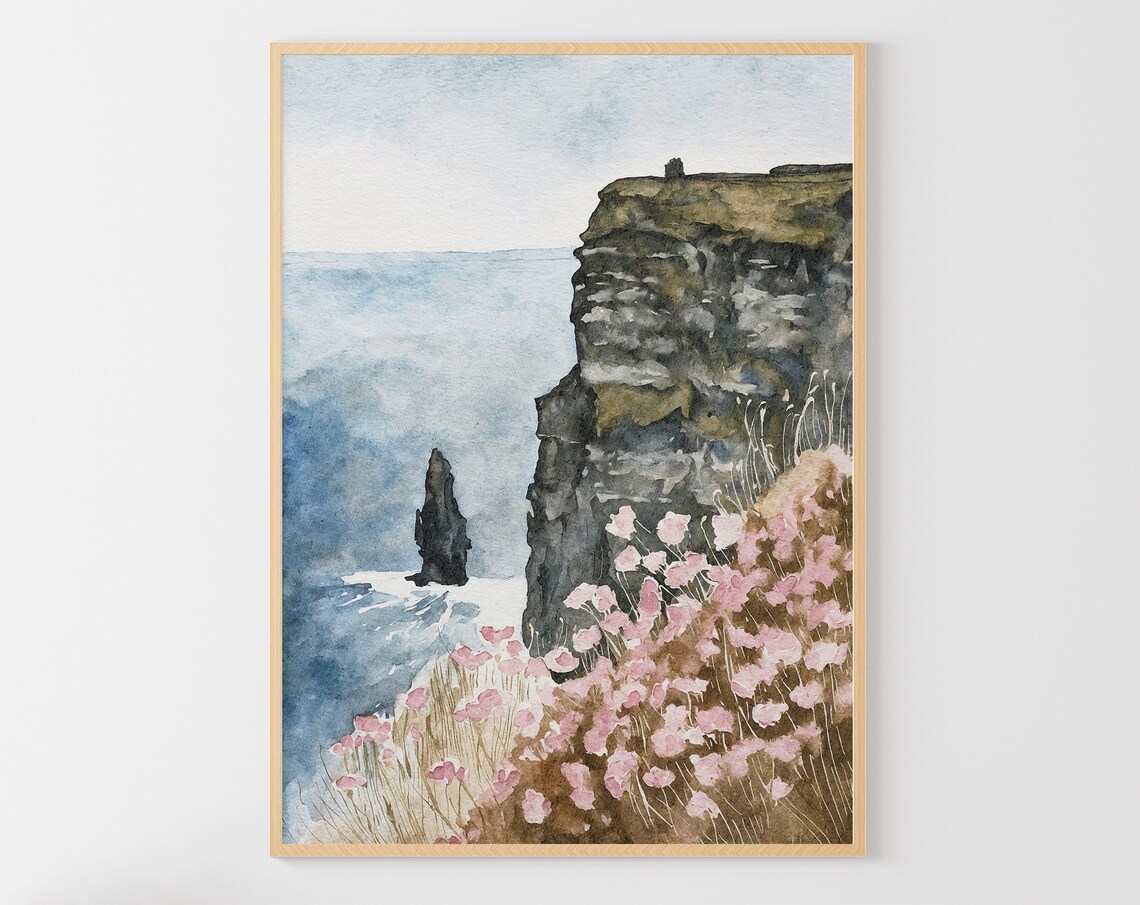 Cliffs Of Moher Sea Stack Pink Wildflowers Watercolor Ireland Art Poster