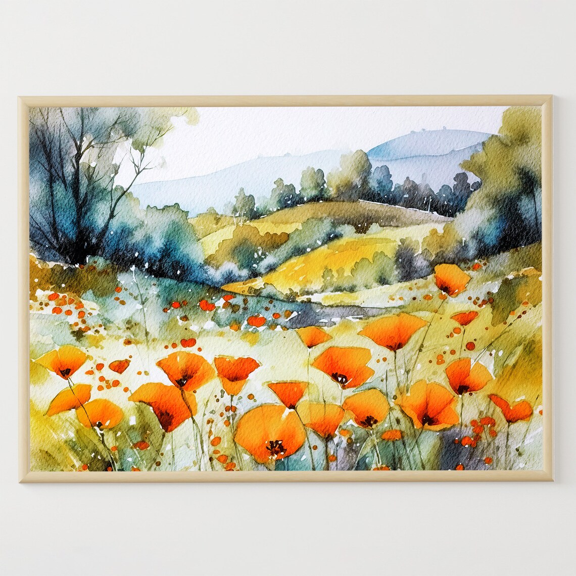 Poppy Field Watercolor Art Print, California Wildflowers
