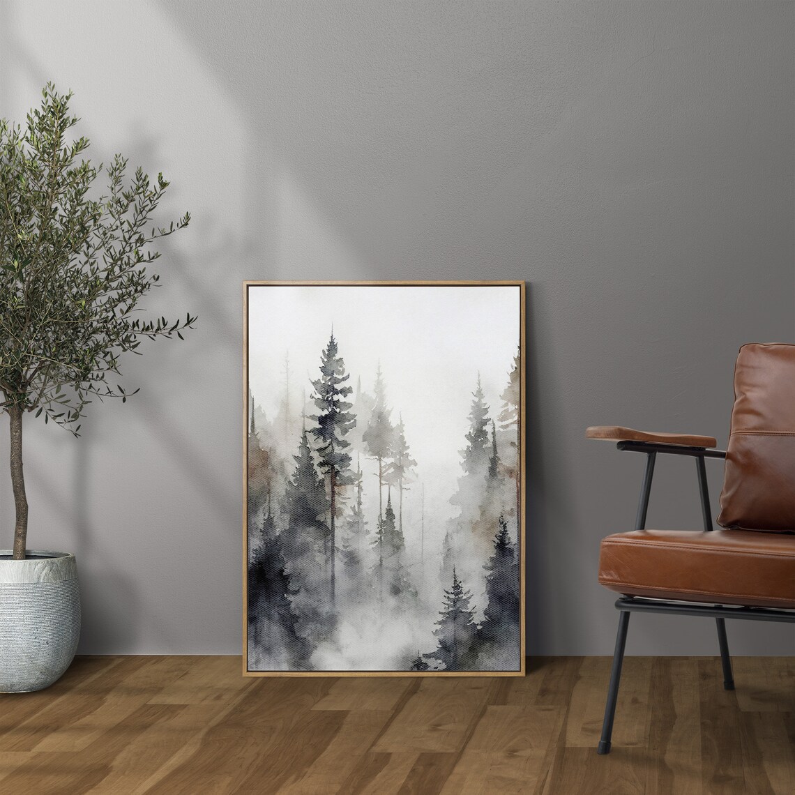 Pine Forest Watercolor Misty Landscape Art Print - Image 3
