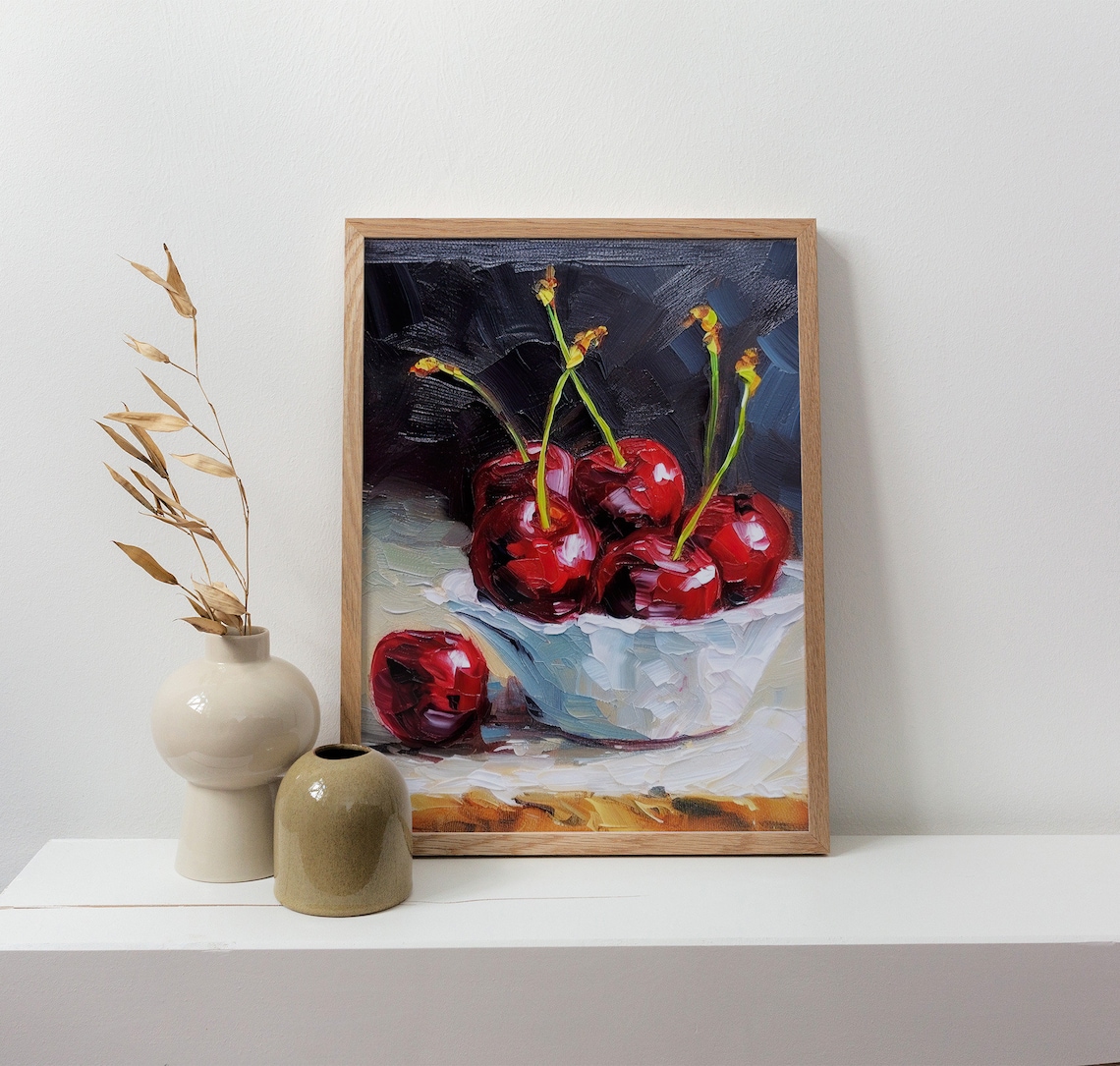Cherry Still Life Art Print, Oil Painting Style - Image 2