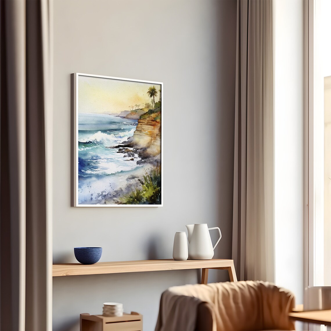 Laguna Beach California Coast Watercolor Ocean Waves Cliffs Shore Poster - Image 3