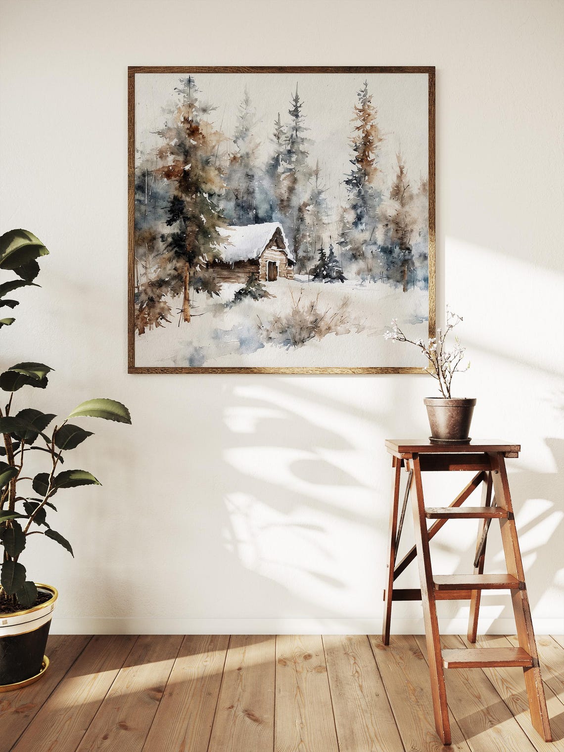 Snowy Log Cabin Winter Forest Hideaway Watercolor Rustic Scene Poster - Image 5