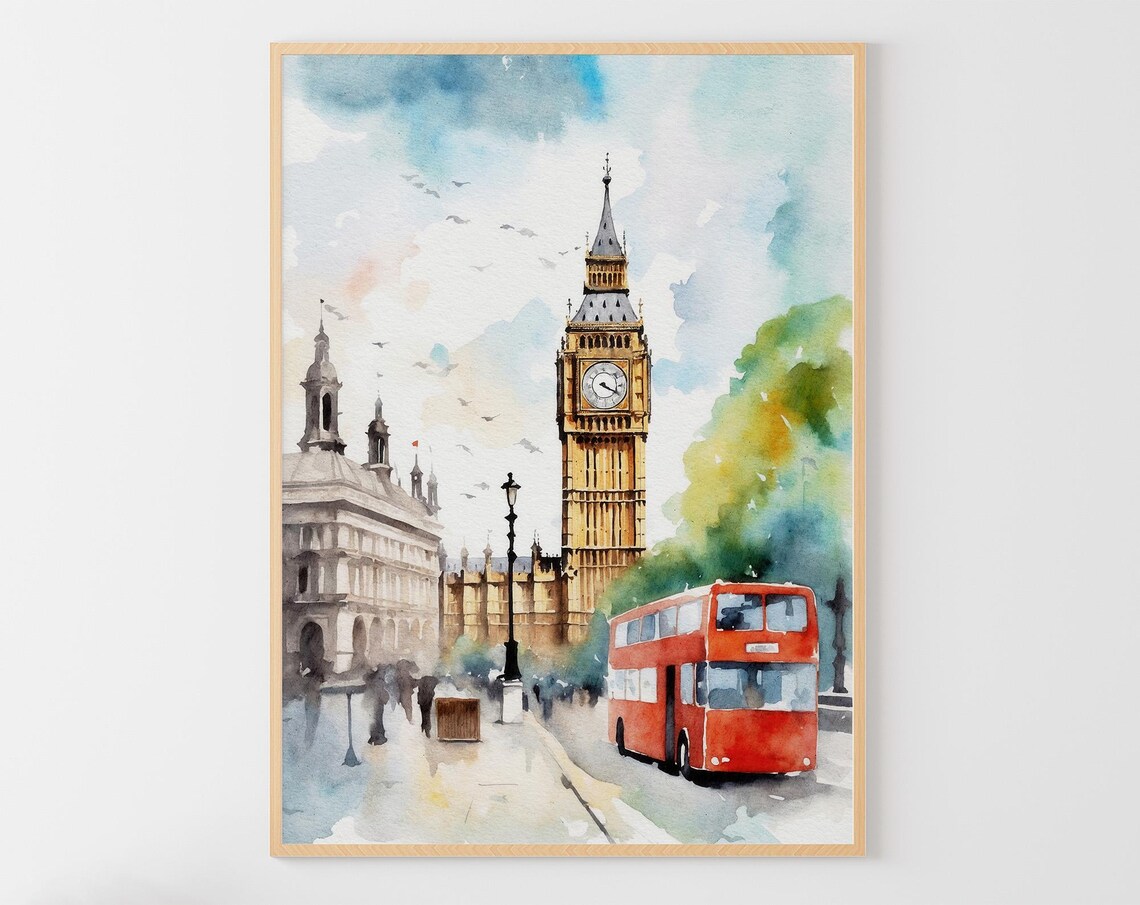 London Big Ben Red Double Decker Bus Watercolor England Travel Poster