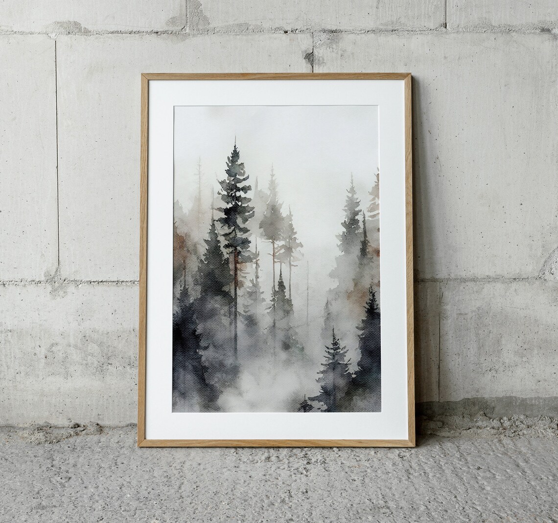 Pine Forest Watercolor Misty Landscape Art Print - Image 4