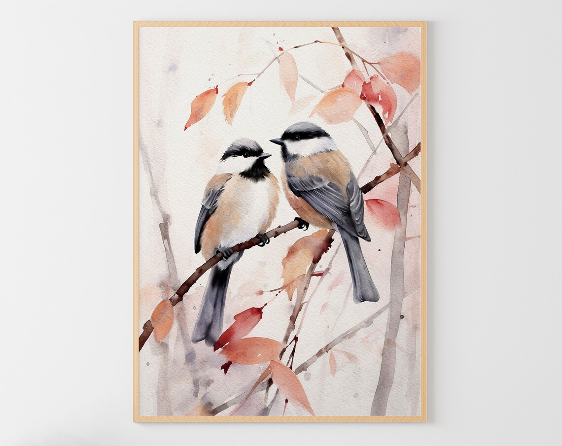 Two Chickadee Watercolor Painting, Bird Art Print