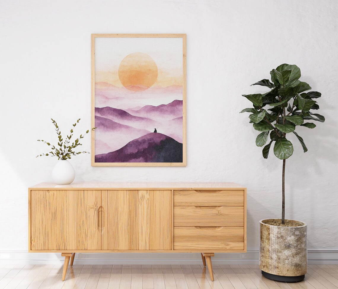 Minimalist Purple Mountains Orange Sun Zen Meditation Watercolor Poster - Image 2