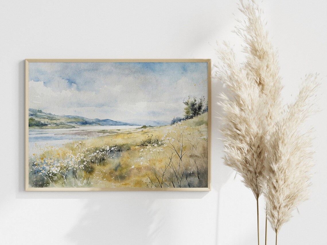 Columbia Gorge River Wildflower Meadow Mountain Watercolor Art Poster - Image 2