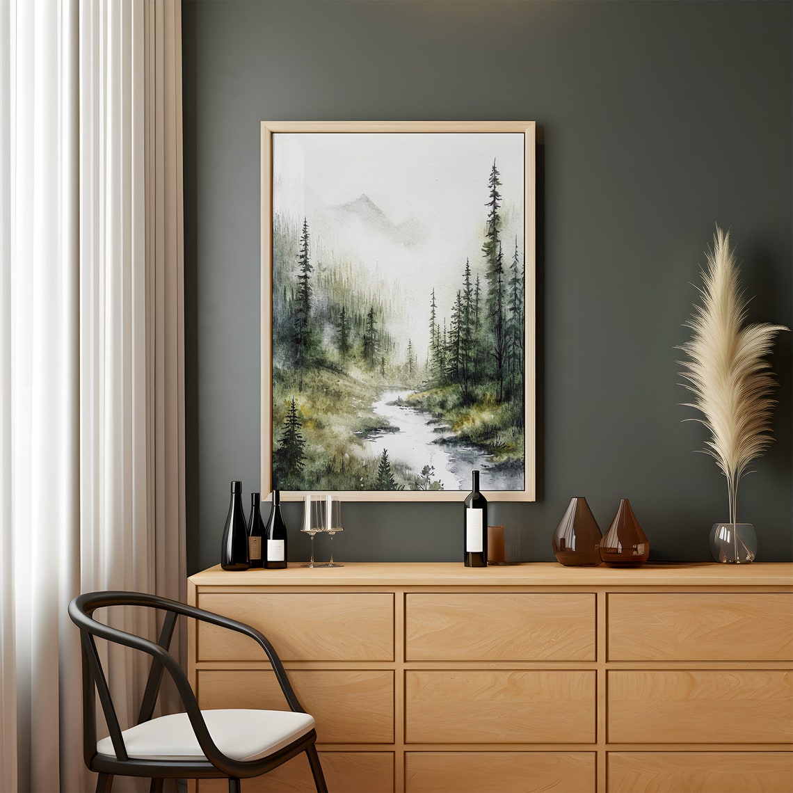 Misty Mountain River Valley Pine Forest Foggy Landscape Art Poster - Image 2