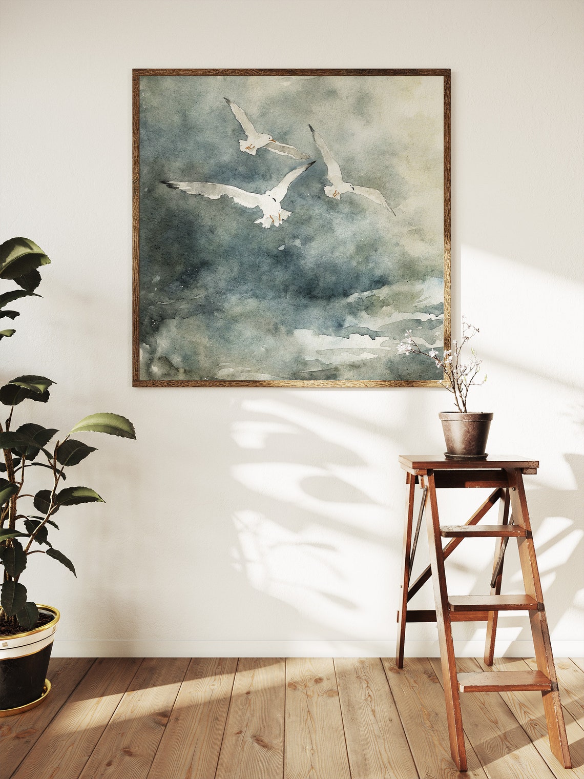 Seagulls Flying Over Stormy Sea Waves Watercolor Bird Art Print - Image 5