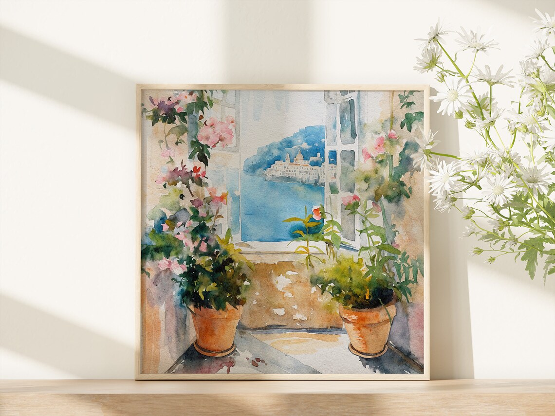 Naples Italy Window View Blue Bay Coast Town Watercolor Travel Poster - Image 4