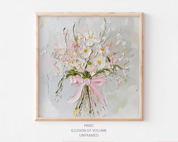 Wildflowers With Pink Bow, Neutral Beige Art Print