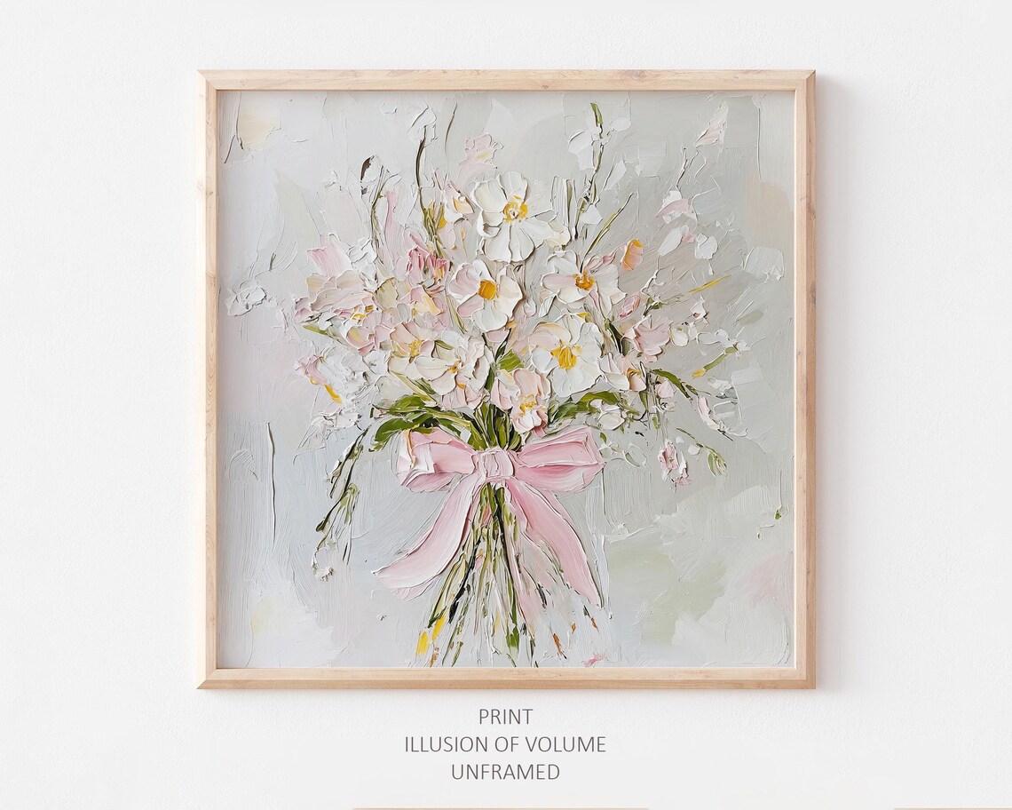 Wildflowers With Pink Bow, Neutral Beige Art Print