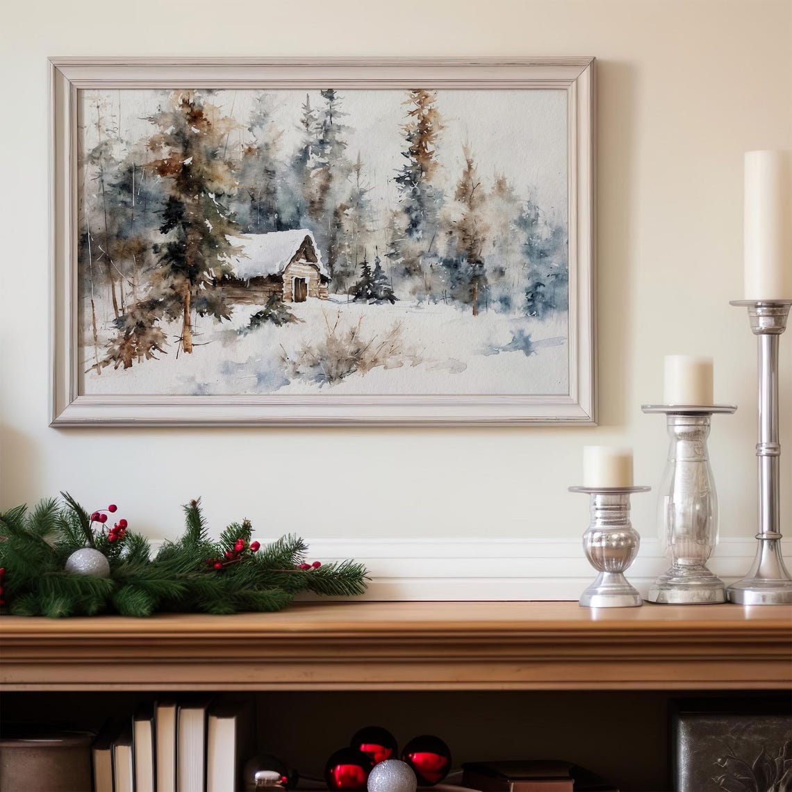 Snowy Log Cabin Winter Forest Hideaway Watercolor Rustic Scene Poster - Image 3
