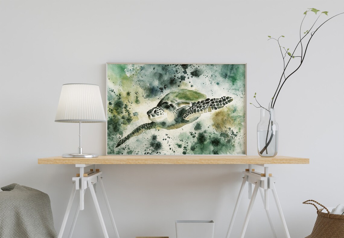 Sea Turtle Watercolor Art Print Sea Animal Painting Sea Life Wall Art Sea Nature Artwork Beach House Wall Decor - Image 3