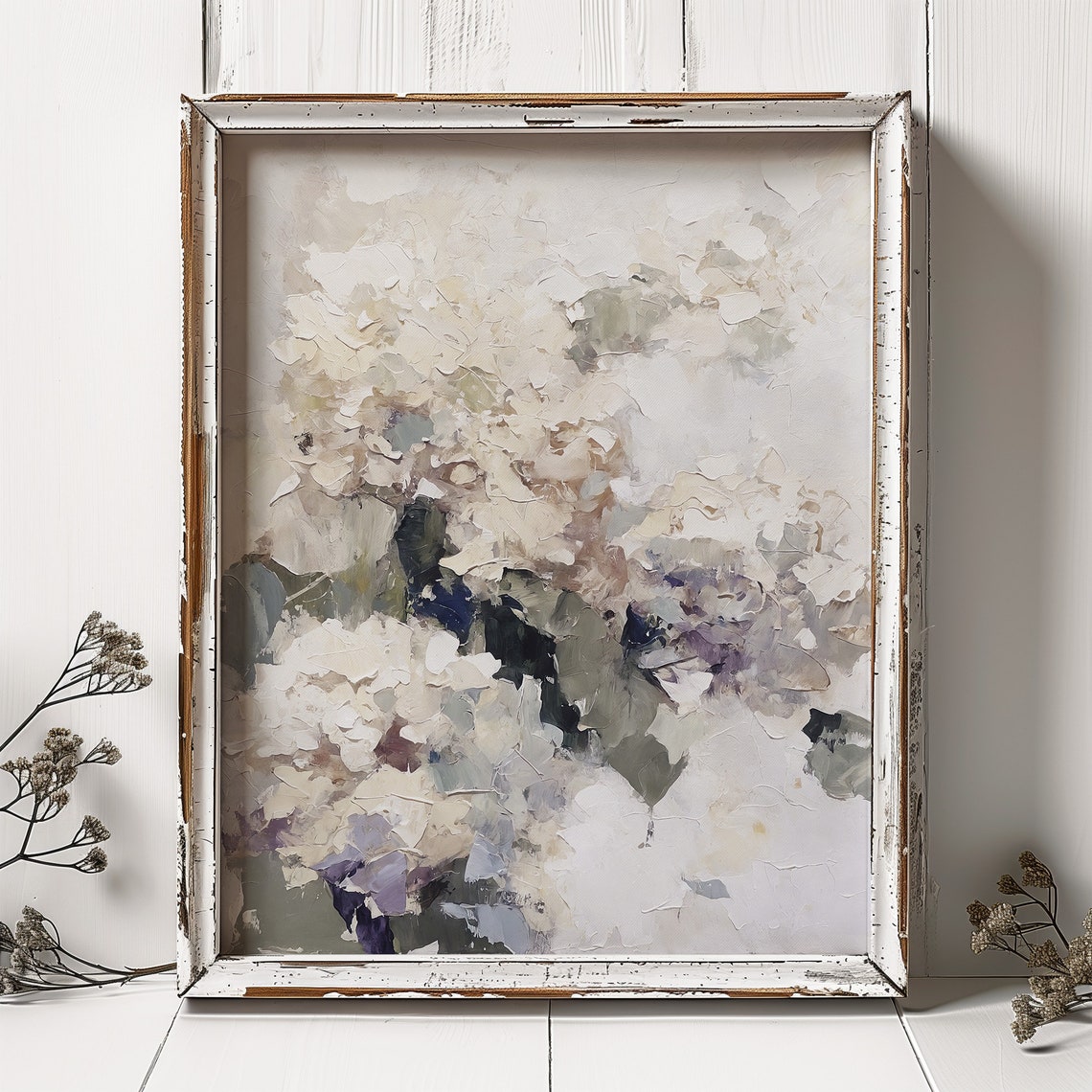 Cream White Hydrangea Blooms Textured Neutral Floral Oil Art Print - Image 5