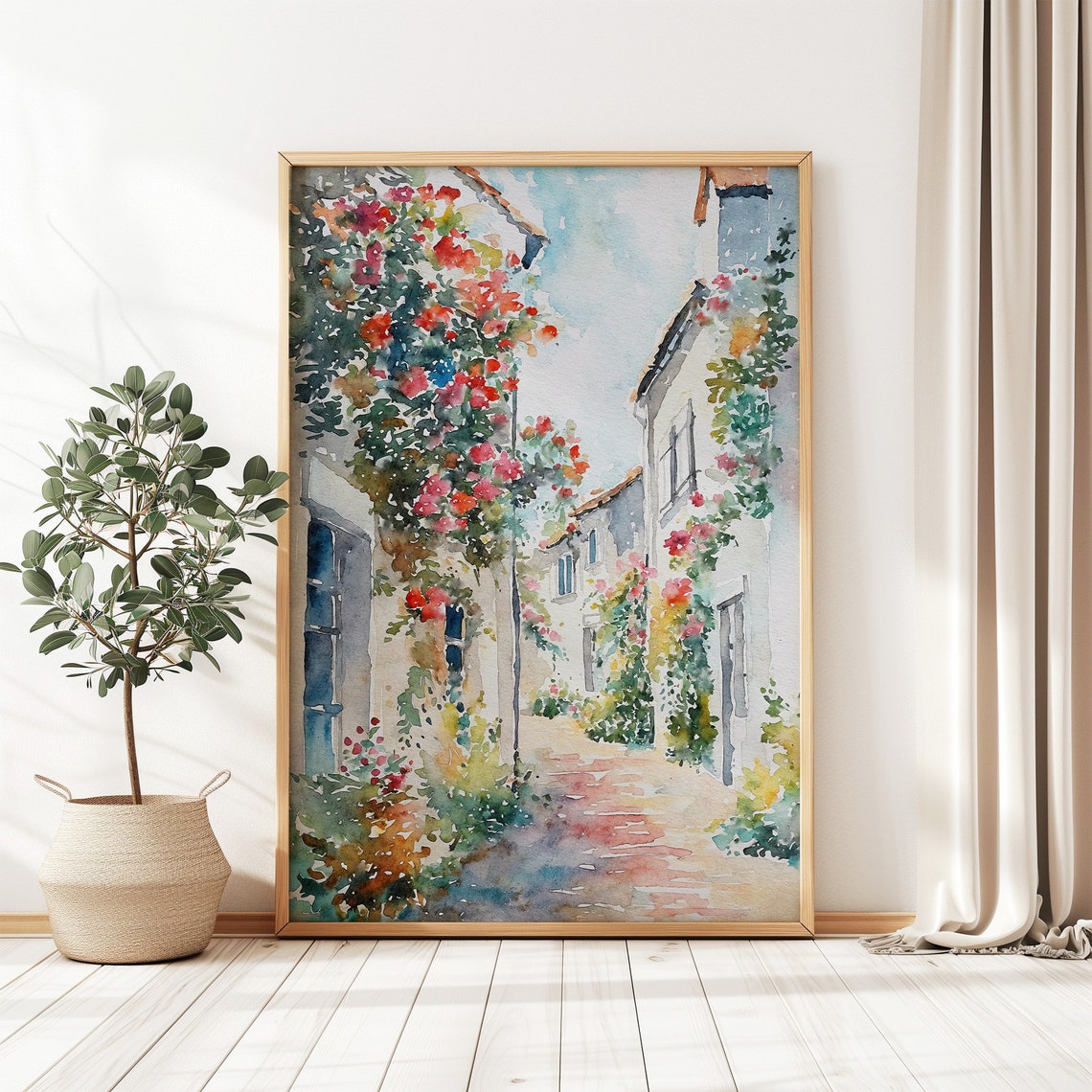 Portofino Cityscape Watercolor Flower Street Painting Coastal Town Art Print Italy Travel Wall Art Mediterranean Poster - Image 3