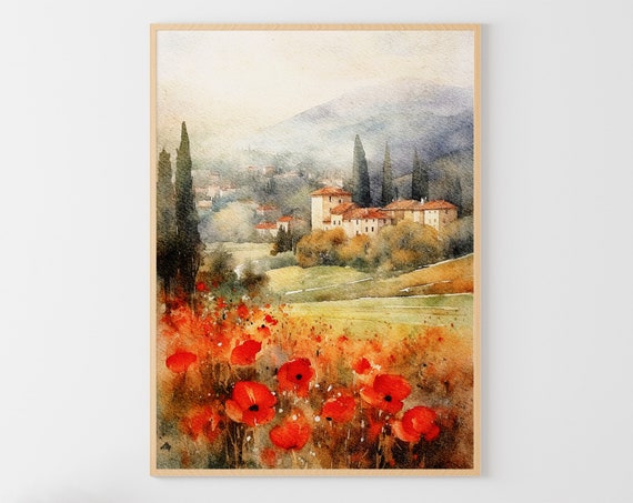 Tuscan Watercolor Poppy Landscape Art Print, Italy
