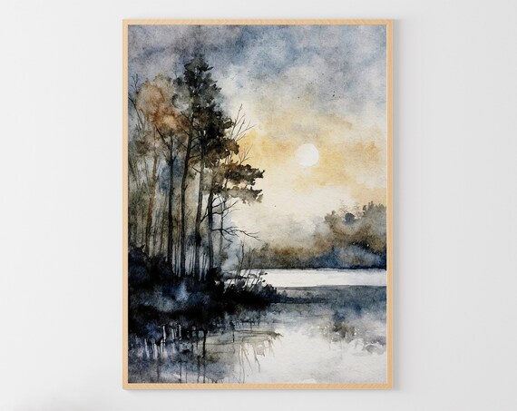 Sunset Ontario Lake Painting Forest Lake Watercolor Misty Landscape Blue Neutral Beige Wall Art Farmhouse Wall Decor