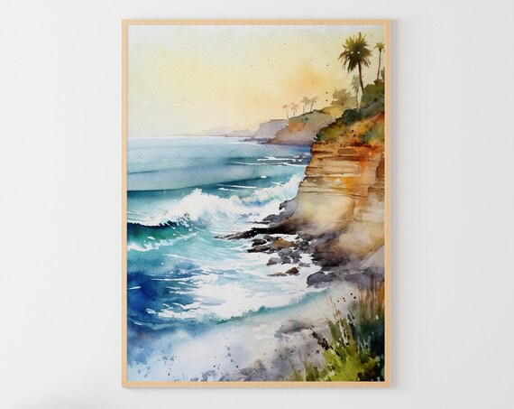 Laguna Beach California Coast Watercolor Ocean Waves Cliffs Shore Poster