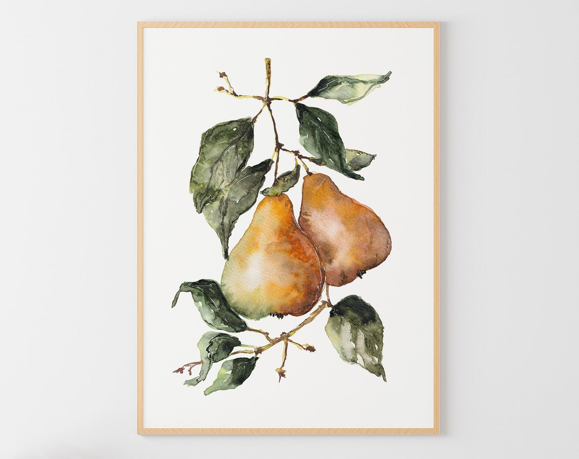 Golden Pears Branch Watercolor Botanical Fruit Kitchen Art Wall Poster