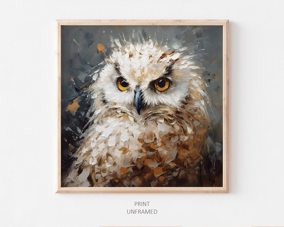White Owl Golden Eyes Impasto Oil Painting Wild Bird Animal Art Poster
