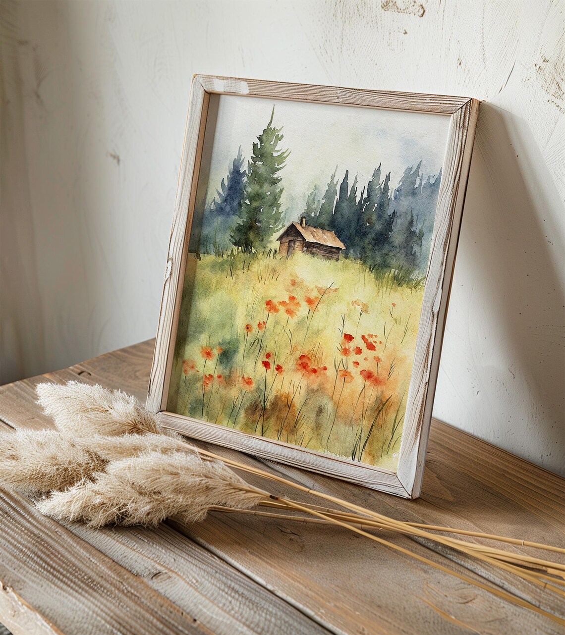 Forest Cabin Meadow Orange Poppies Pine Trees Watercolor Scenic Poster - Image 2