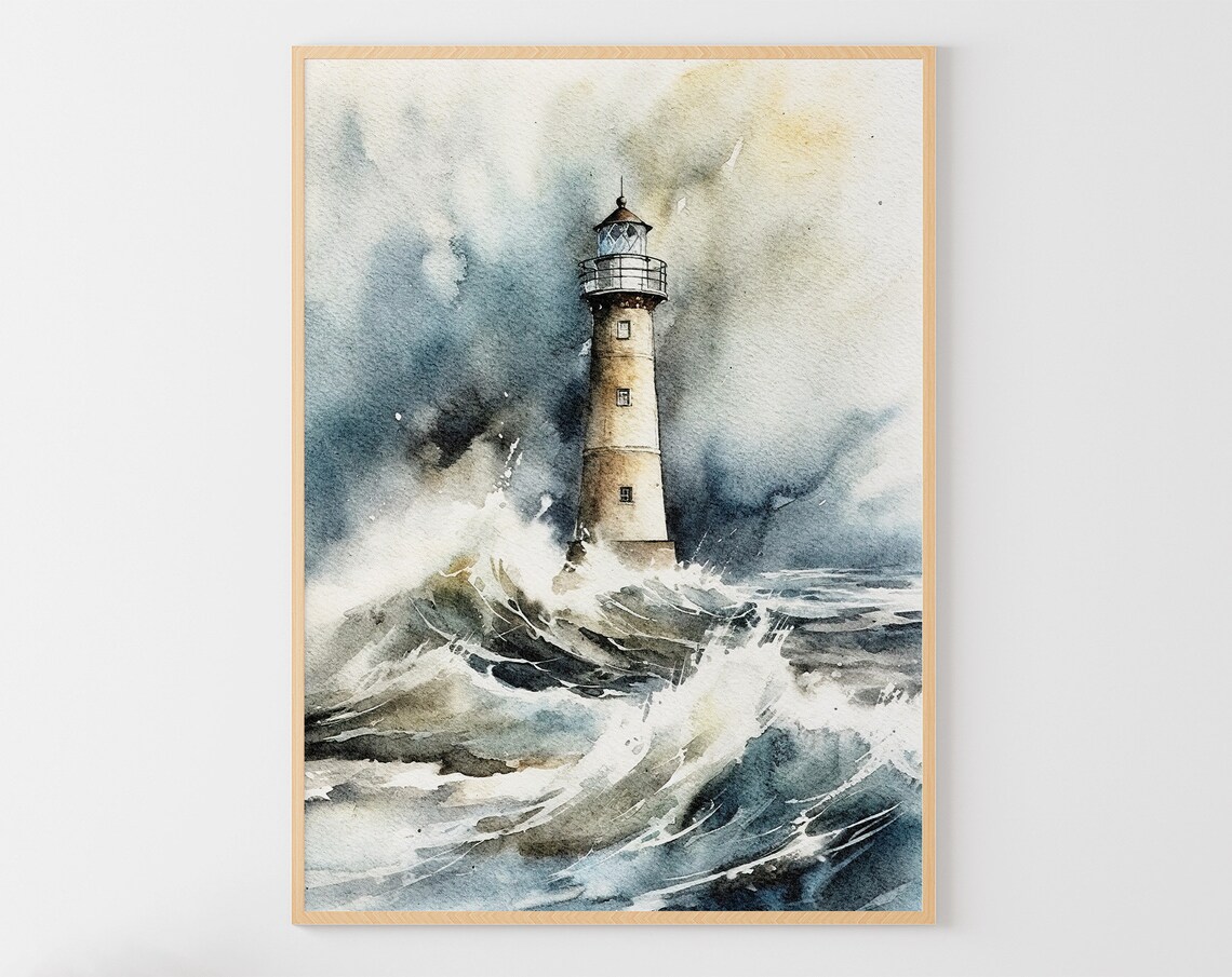 Lighthouse Watercolor Storm Sea Art Print, Nautical