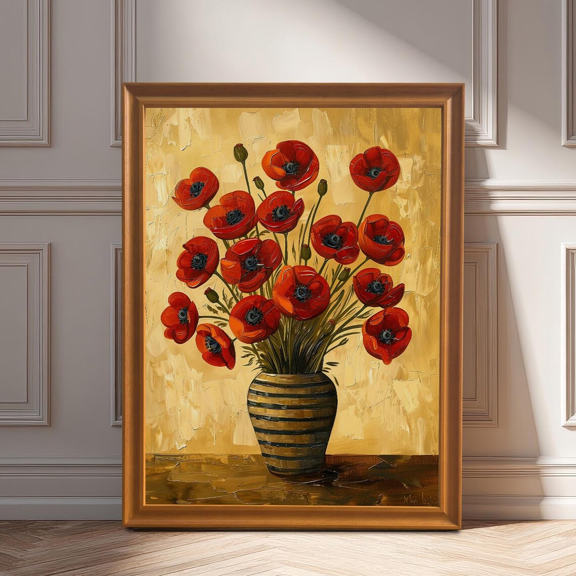 Red Poppies in Striped Vase Gold Impasto Floral Still Life Poster