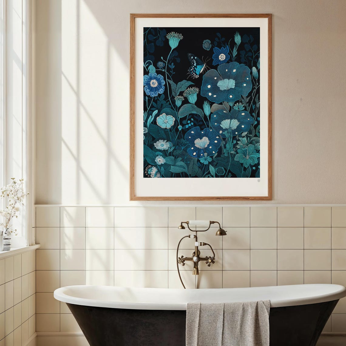 Deep Blue Night Botanical Floral Butterfly Garden Vintage Wall Art - Image 2