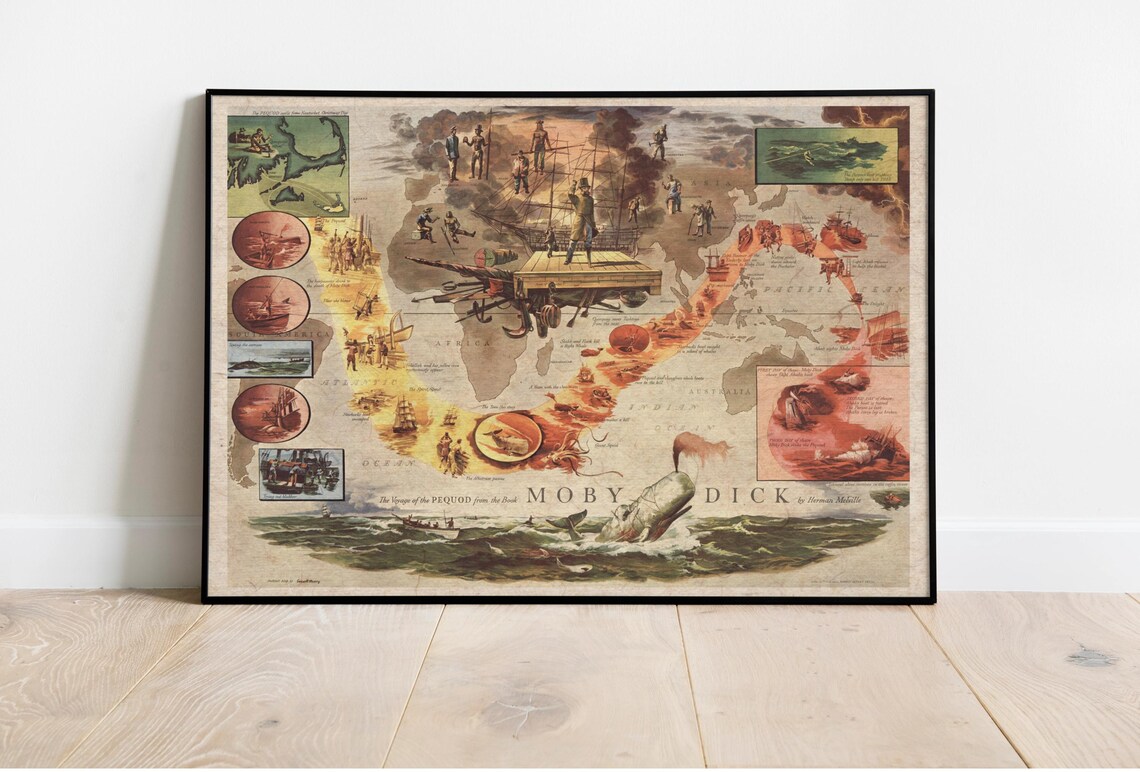 Moby Dick The Voyage of the Pequod Illustrated World Map Poster