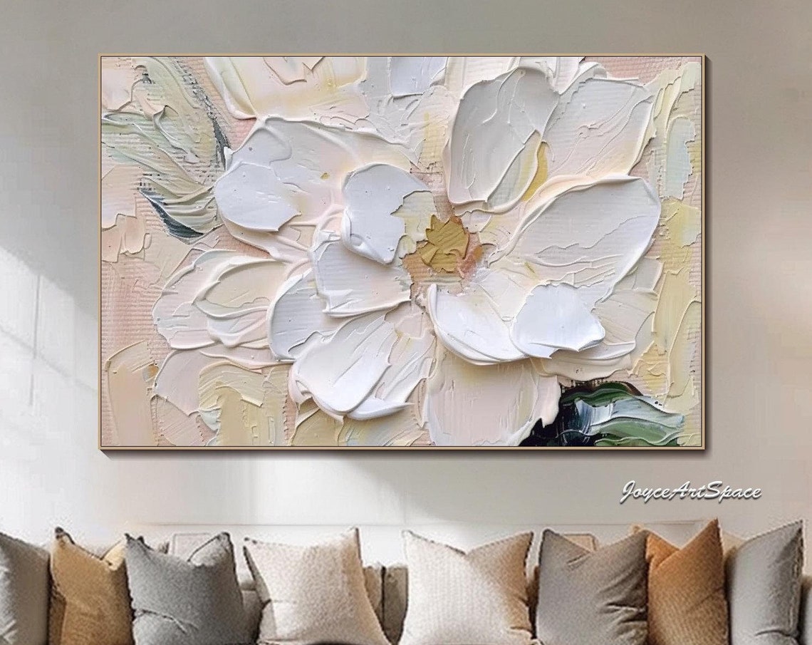 White Flower Close Up Soft Cream Pink 3D Impasto Floral Wall Art
