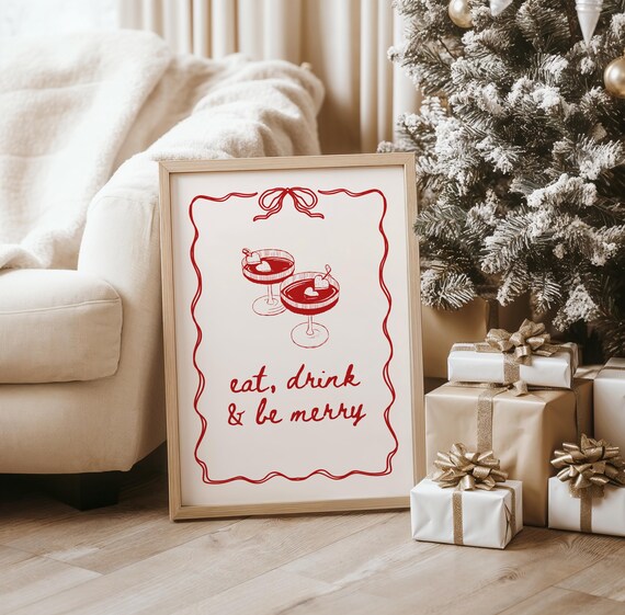 Eat Drink and Be Merry Red Christmas Cocktail Bar Cart Holiday Poster