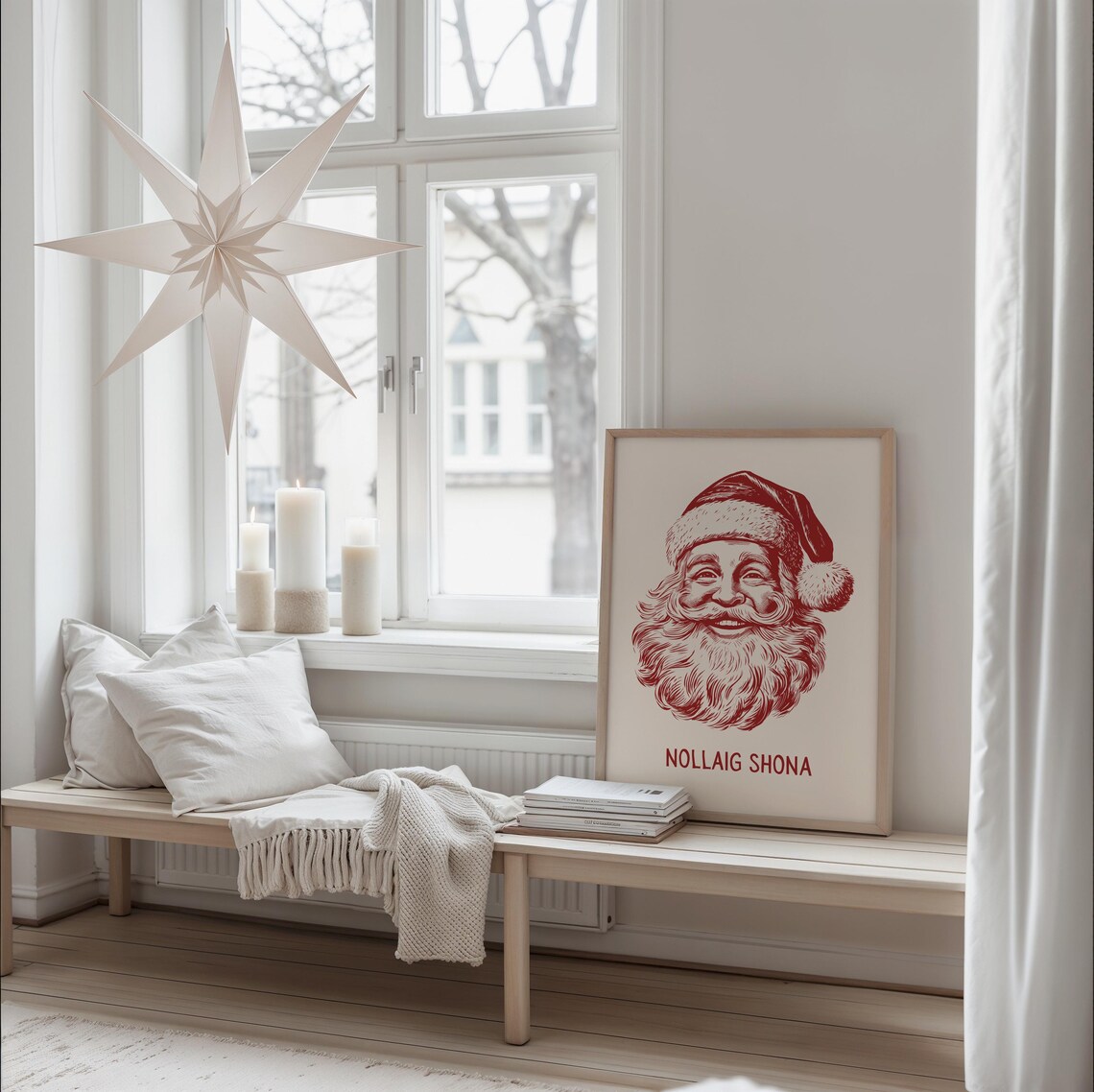 Vintage Santa Head Nollaig Shona Retro Cream Holiday Decor Poster