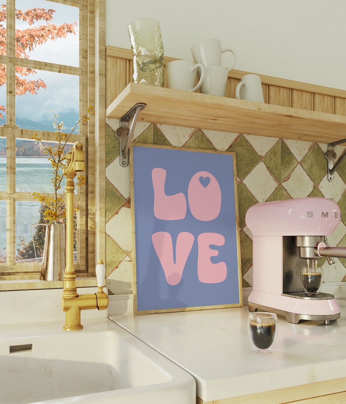 Pink LOVE Retro Bubble Typography Poster on Lavender Purple Background - Image 5