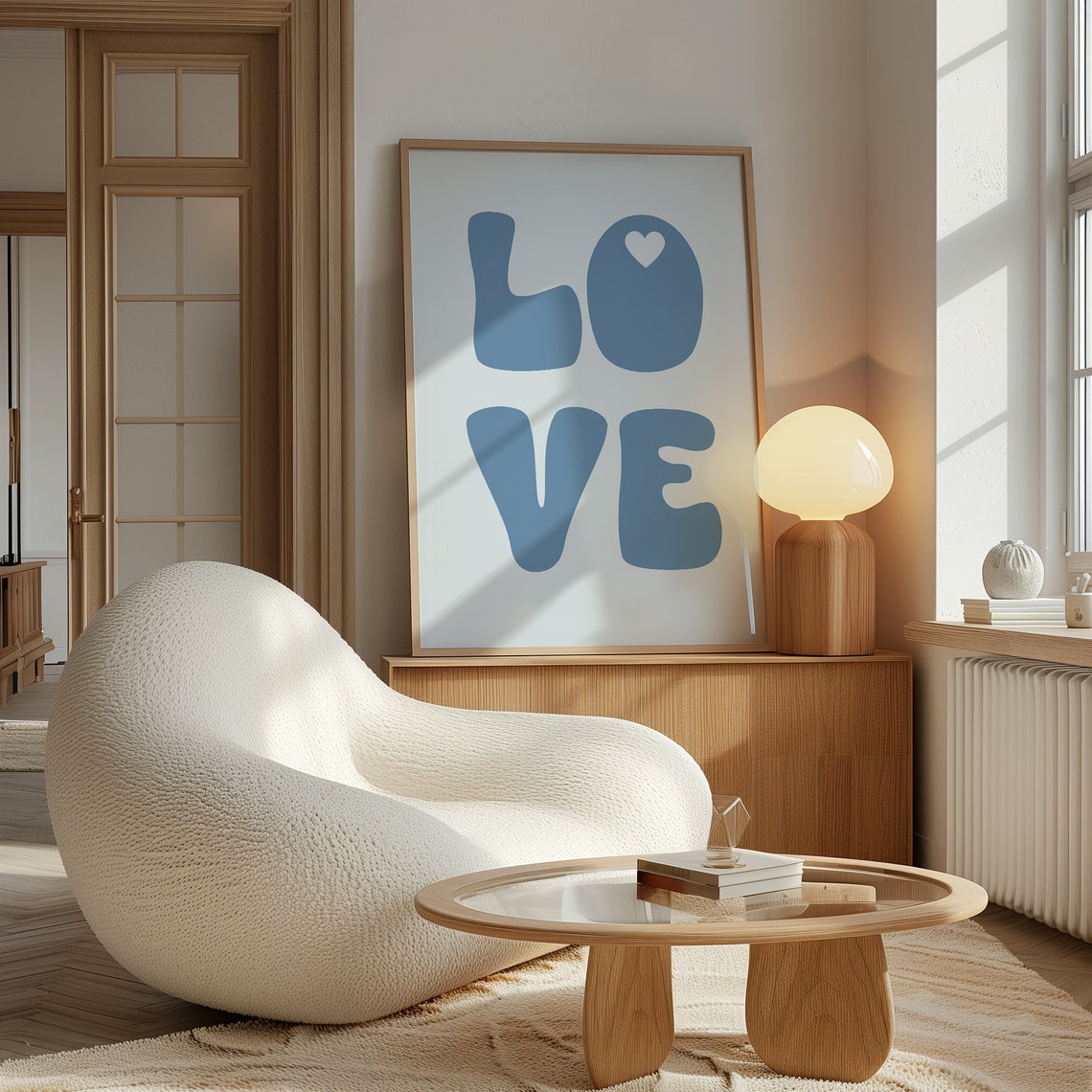 Navy Blue Retro LOVE Bubble Letter Typography Poster With Heart
